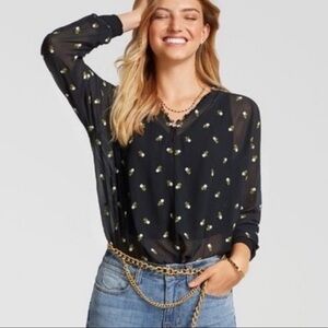 CABI blouse high neck sheer embroidered long sleeve blouse # 5338